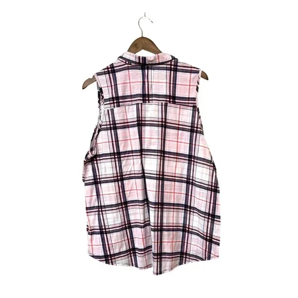 New York Laundry 2X Sleeveless Plaid Shirt With Lace-Up Front & Pockets Pink/Blu - Picture 2 of 5